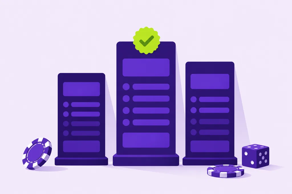 Ilustración de tres paneles comparativos como podios, uno con sello de verificación, junto a fichas y un dado