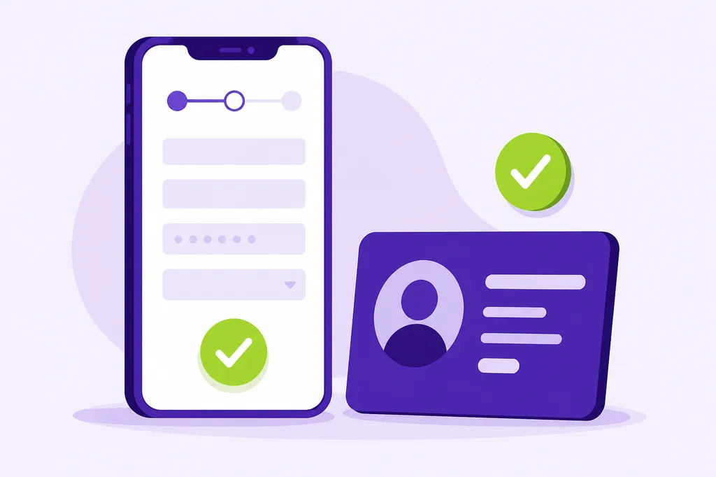 Ilustración de un teléfono con un formulario de registro junto a un documento de identidad