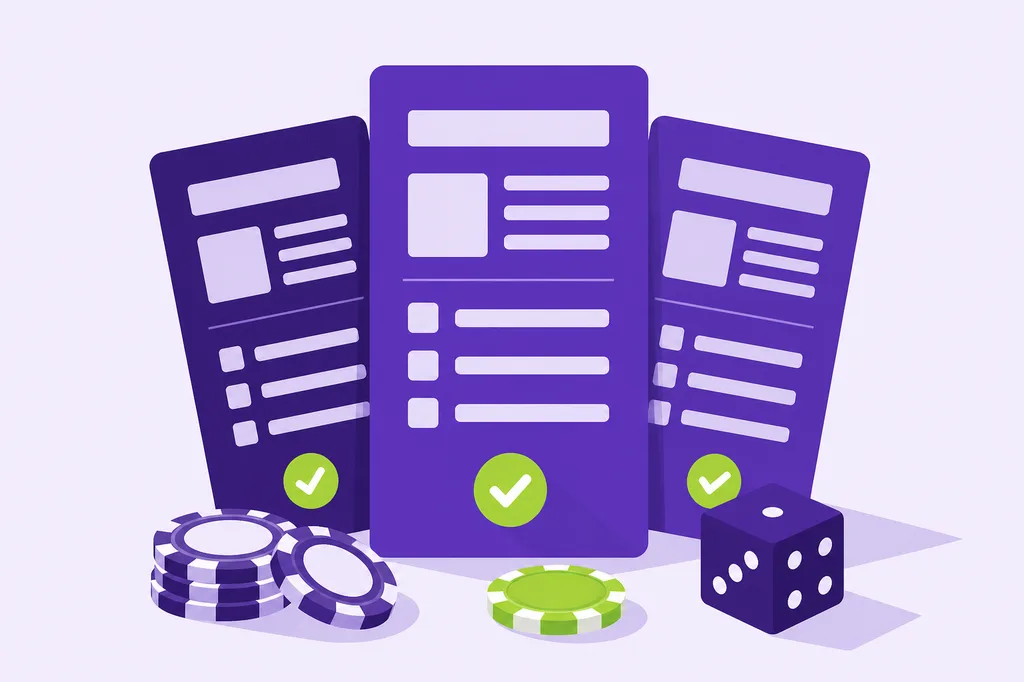 Ilustración de tres fichas comparativas con marcas de verificación, fichas de casino y un dado