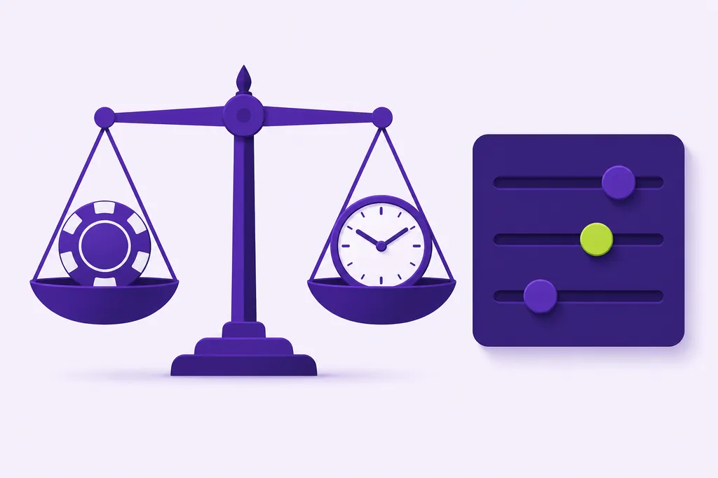 Ilustración de una balanza que equilibra una ficha de casino y un reloj, junto a controles de límites