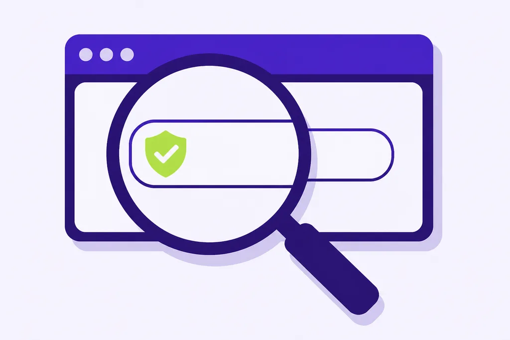 Ilustración de una lupa que inspecciona la barra de direcciones de un navegador con un escudo verificado